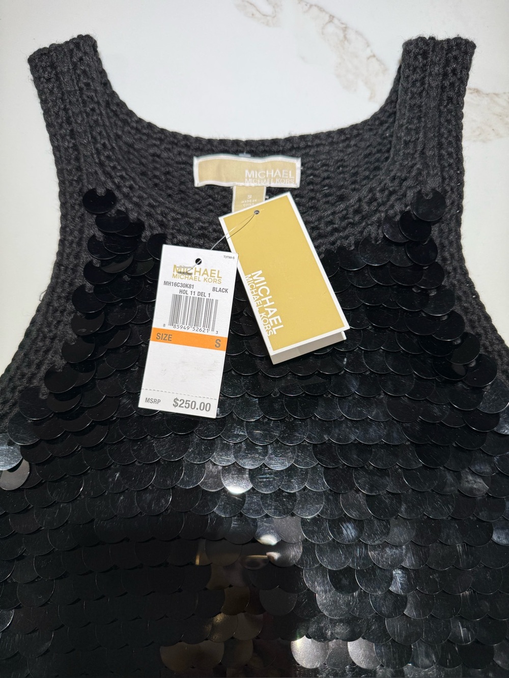 🥳NWT MICHAEL KORS Designer Sequin-embellished Crochet Knit tank top, Black